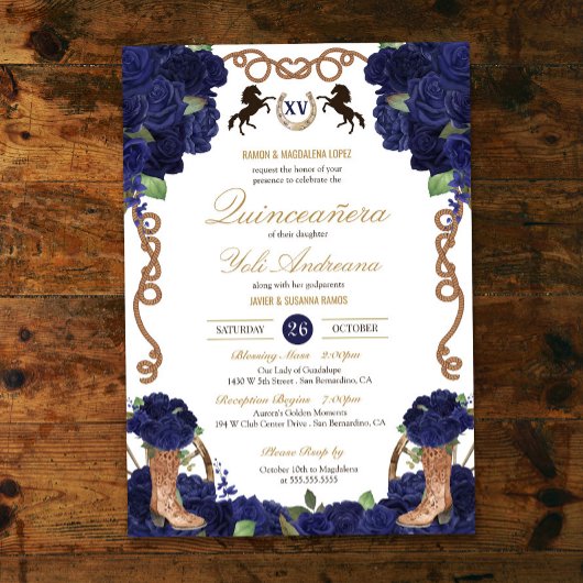Invitation Rose bleu de la marine Western Charro Quinceañera