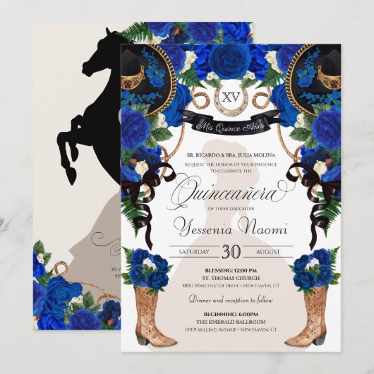 Invitation Rose Bleu élégant Occidental Charro Quinceañera (Devant / Derrière)