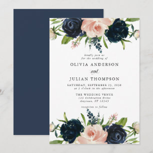 Invitation Rose bleu et bleu marine Floral Watercolor Mariage