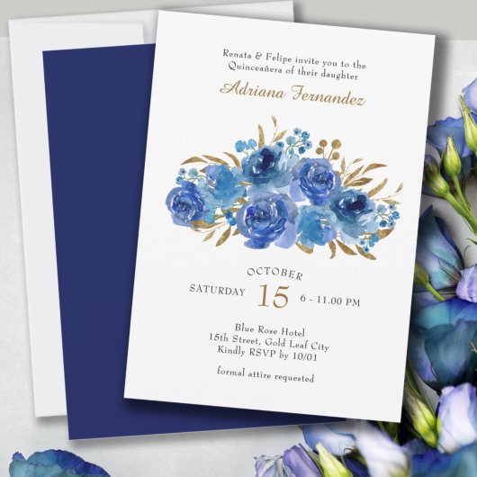 Invitation Rose bleu et feuille or Quinceanera