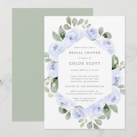 Invitation Rose bleu Fête des mariées botanique fleurie (Devant / Derrière)