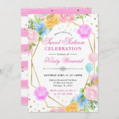 Invitation Rose Bleu Fleurs Jaunes Or Frame Sweet 16 (Devant / Derrière)