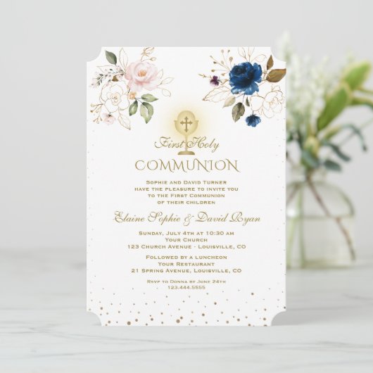 Invitation Rose bleu Floral Or Twins Première Communion Saint (Debout devant)
