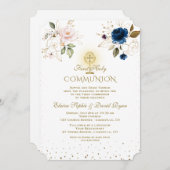 Invitation Rose bleu Floral Or Twins Première Communion Saint (Devant / Derrière)