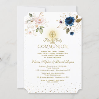 Invitation Rose bleu Floral Or Twins Première Communion Saint