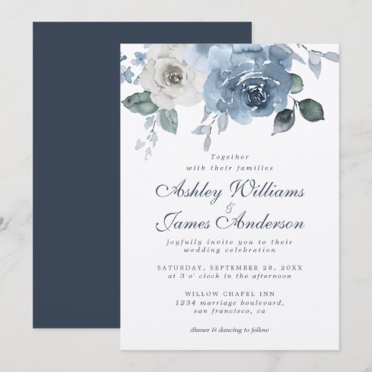 Invitation Rose bleu foncé ivoire Mariage floral (Devant / Derrière)