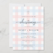 Invitation Rose Bleu Gingham Baptême (Devant)