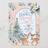 Invitation Rose Bleu hiver Cerf Noël Genre Révélation (Devant / Derrière)