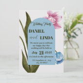 Invitation Rose, bleu mariage de fleurs d'aquarelle, feuilles (Debout devant)