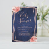 Invitation Rose bleu marine Baby shower Floral or (Debout devant)