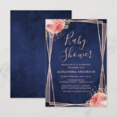 Invitation Rose bleu marine Baby shower Floral or (Devant / Derrière)