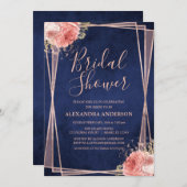 Invitation Rose bleu marine Fête des mariées florale or (Devant / Derrière)