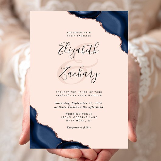 Invitation Rose bleu marine Gold Agate Corners Mariage
