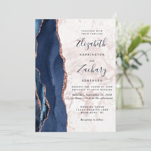 Invitation Rose bleu marine Gold Agate Marbre Mariage (Debout devant)