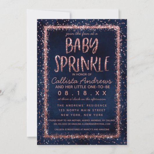 Invitation Rose bleu marine Gold Confetti Baby Sprinkle Douch (Devant)