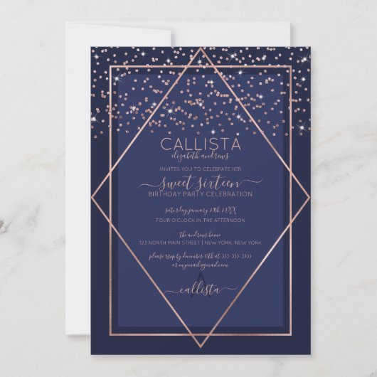 Invitation Rose bleu marine Gold Confetti Bordure Sweet 16 (Devant)