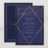 Invitation Rose bleu marine Gold Confetti Bordure Sweet 16 (Devant / Derrière)