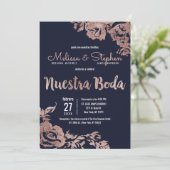 Invitation Rose bleu marine Gold Floral Mariage espagnol (Debout devant)