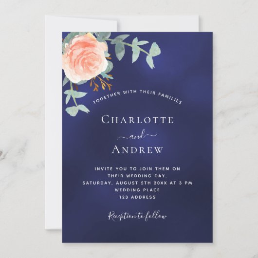 Invitation Rose bleu marine mariage de verdure (Devant)
