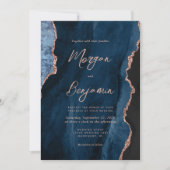 Invitation Rose bleu marine moderne Gold Agate Mariage de scr (Devant)