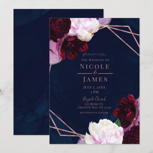 Invitation Rose bleu marine or Floral moderne Glam Mariage (Devant / Derrière)