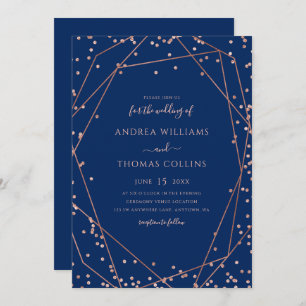 Invitation Rose bleu marine Parties scintillant d'or Mariage 