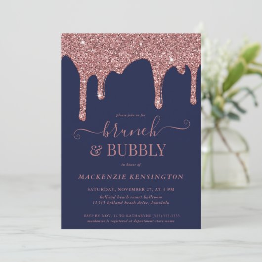 Invitation Rose bleu marine Parties scintillant or Drives Bru (Debout devant)