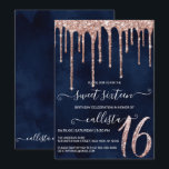 Invitation Rose bleu marine Parties scintillant or gouttes Sw<br><div class="desc">Cette jolie invitation à la fête d'anniversaire en sweet sixteen girly est parfaite pour la fille branchée et élégante. Il présente des gouttes de parties scintillant d'or rose brillant imbriquées sur un arrière - plan bleu marine foncé. Moderne, glamour, chic, unique et cool, il est le design parfait pour votre...</div>