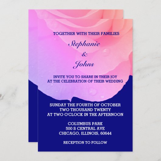 Invitation Rose bleu marine rose QR Code Cool Mariage (Devant / Derrière)