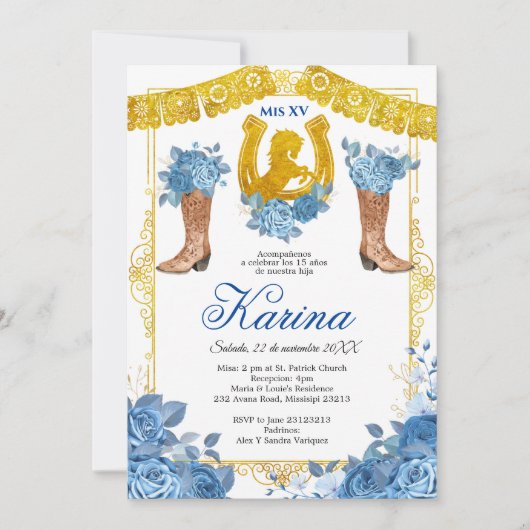 Invitation Rose bleu Mexicain Charra 15 Quinceanera Invitatio (Devant)
