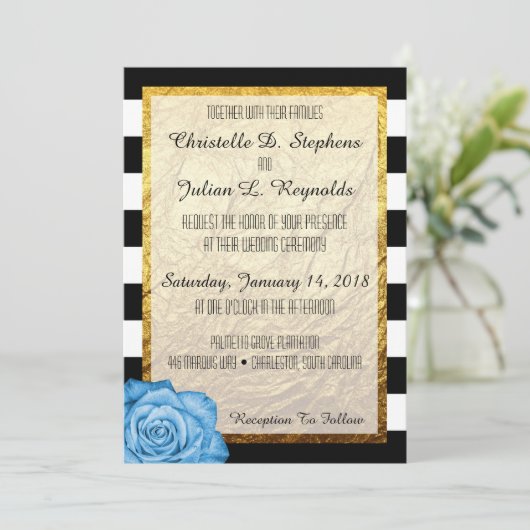 Invitation Rose bleu moderne Faux Gold Foil Mariage rayé (Debout devant)