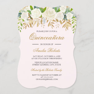 Invitation Rose Bleu Or Floral Feuille Aquarelle Quinceanera