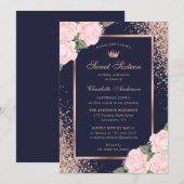 Invitation Rose bleu Or Floral Sweet 16 Anniversaire (Devant / Derrière)