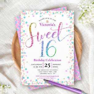 Invitation Rose Bleu Or Paillettes Confettis Anniversaire Swe