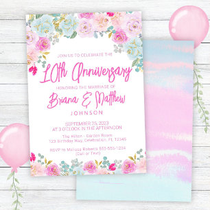 Invitation Rose Bleu Pêche Floral 10e Anniversaire de Mariage