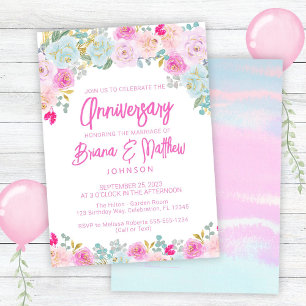 Invitation Rose Bleu Pêche Floral Mariage Anniversaire