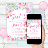 Invitation Rose bleu Pêche Floral Sweet 16 Anniversaire