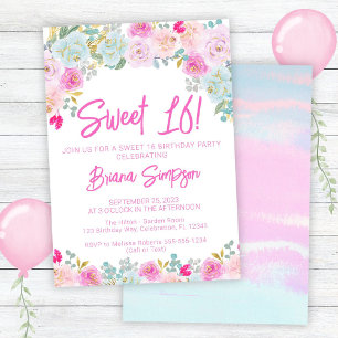 Invitation Rose bleu Pêche Floral Sweet 16 Anniversaire