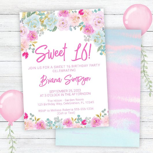 Invitation Rose bleu Pêche Floral Sweet 16 Anniversaire