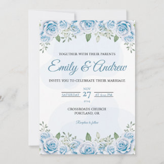 Invitation Rose Bleu Poussiéreux Élégant Fleurs Aquarelle Mar