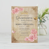 Invitation Rose Bleu rose papillon Couronne or Quinceanera (Debout devant)