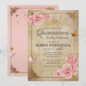 Invitation Rose Bleu rose papillon Couronne or Quinceanera (Devant / Derrière)