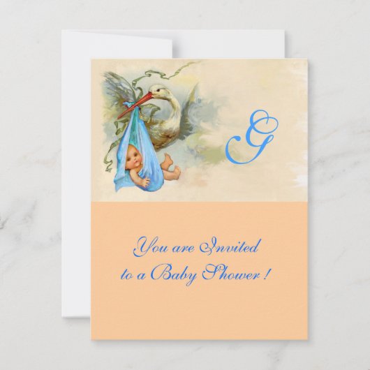 INVITATION ROSE BLEU STORK BÉBÉ GARÇON DOUCHE MONOGRAM (Devant)
