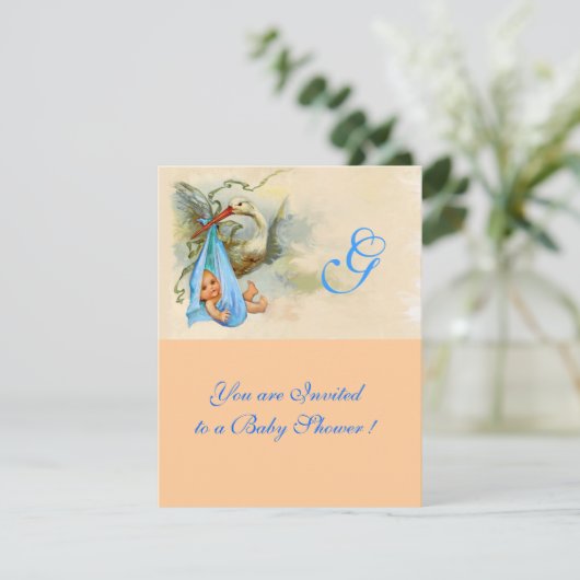 INVITATION ROSE BLEU STORK BÉBÉ GARÇON DOUCHE MONOGRAM (Debout devant)