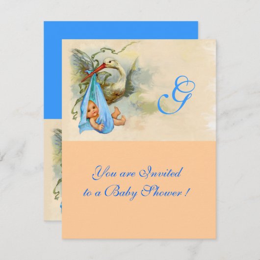INVITATION ROSE BLEU STORK BÉBÉ GARÇON DOUCHE MONOGRAM (Devant / Derrière)