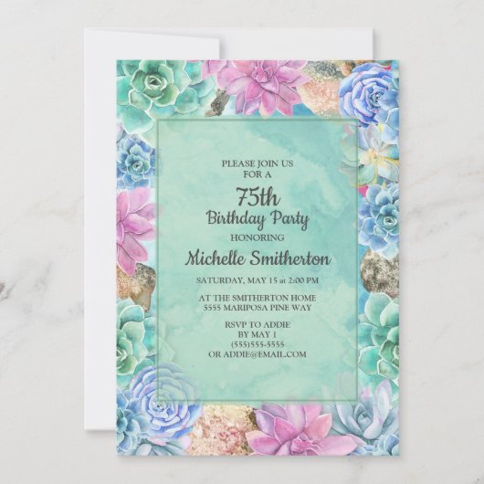 Invitation Rose Bleu Vert Floral Succulents 75e anniversaire (Devant)