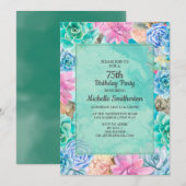 Invitation Rose Bleu Vert Floral Succulents 75e anniversaire (Devant / Derrière)
