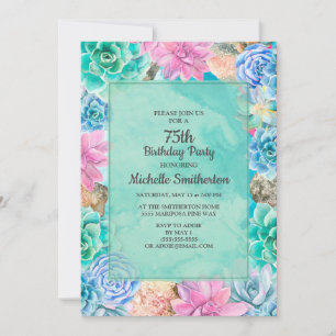 Invitation Rose Bleu Vert Floral Succulents 75e anniversaire
