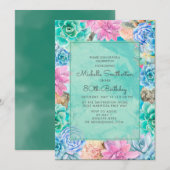 Invitation Rose Bleu Vert Floral Succulents 80e anniversaire (Devant / Derrière)