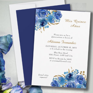 Invitation Rose Bleue et Feuille d'Or Quince Anos Quinceanera
